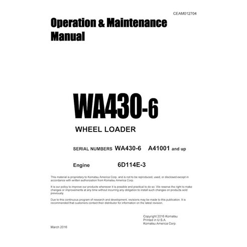 Manuel d'utilisation et d'entretien pdf de la chargeuse sur pneus Komatsu WA430-6 - Komatsu manuels - KOMATSU-CEAM012704