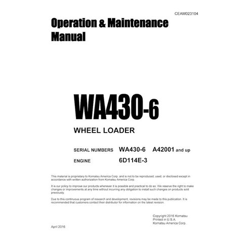 Manuel d'utilisation et d'entretien pdf de la chargeuse sur pneus Komatsu WA430-6 - Komatsu manuels - KOMATSU-CEAM023104