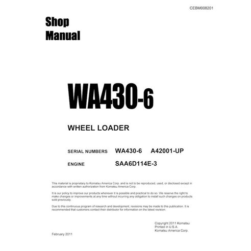 Manuel d'atelier pdf de la chargeuse sur pneus Komatsu WA430-6 - Komatsu manuels - KOMATSU-CEBM008201