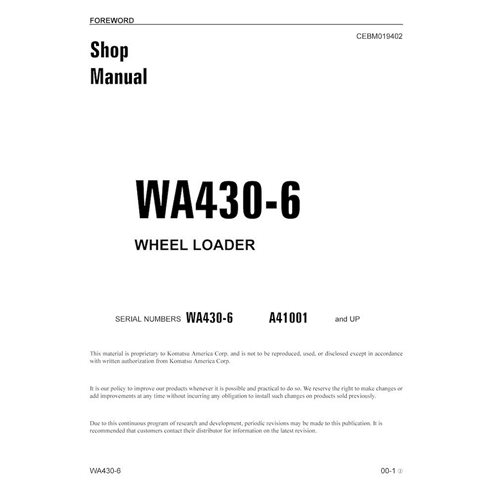 Manuel d'atelier pdf de la chargeuse sur pneus Komatsu WA430-6 - Komatsu manuels - KOMATSU-CEBM019402
