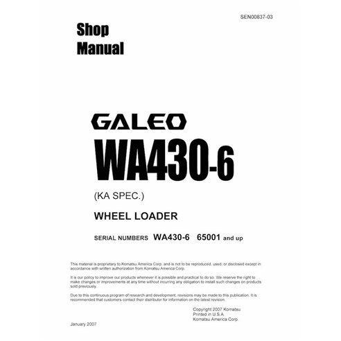 Manuel d'atelier pdf de la chargeuse sur pneus Komatsu WA430-6 - Komatsu manuels - KOMATSU-SEN00837-03D