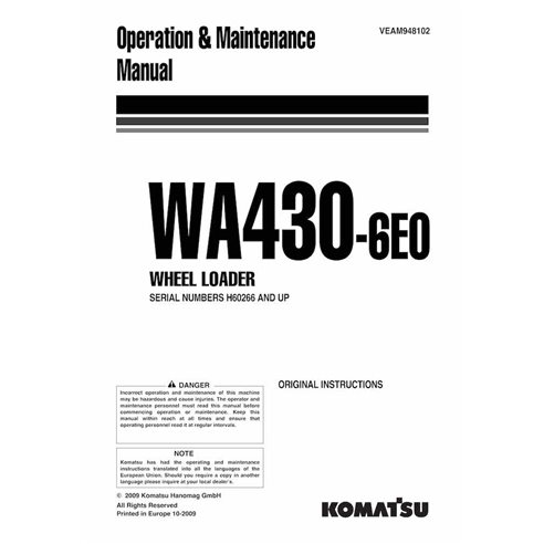 Manuel d'utilisation et d'entretien pdf de la chargeuse sur pneus Komatsu WA430-6E0 - Komatsu manuels - KOMATSU-VEAM948102