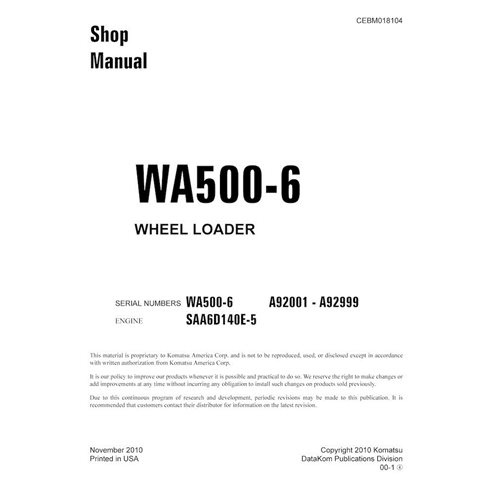 Manuel d'atelier pdf de la chargeuse sur pneus Komatsu WA500-6 - Komatsu manuels - KOMATSU-CEBM018104