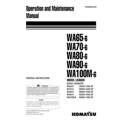 Manuel d'utilisation et d'entretien pdf des chargeuses sur pneus Komatsu WA65-6, WA70-6, WA80-6, WA90-6, WA100M-6 - Komatsu m...