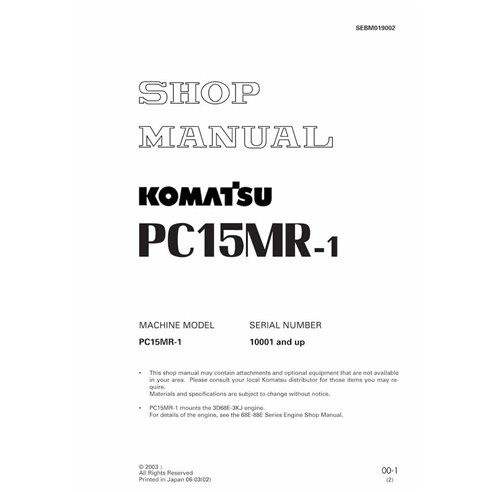Manuel d'atelier pdf de la mini-pelle Komatsu PC15MR-1 - Komatsu manuels - KOMATSU-SEBM019002