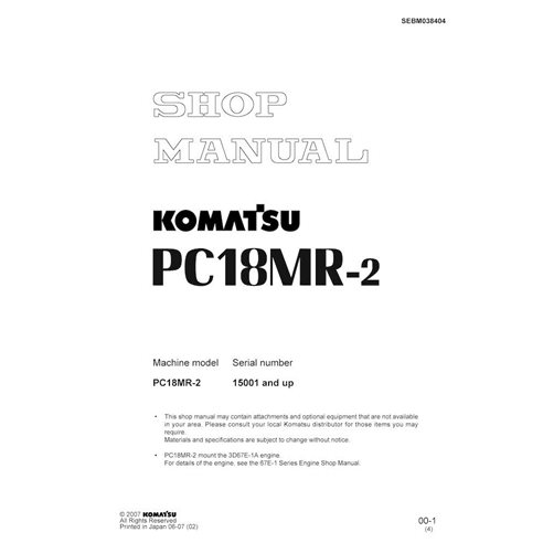 Manuel d'atelier pdf de la mini-pelle Komatsu PC18MR-2 - Komatsu manuels - KOMATSU-SEBM038404