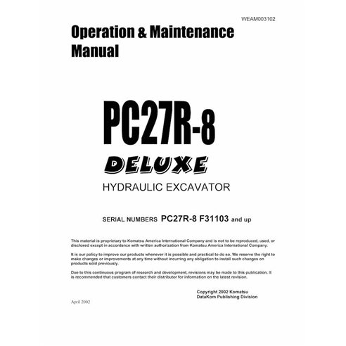 Manuel d'utilisation et d'entretien pdf de la mini-pelle Komatsu PC27R-8 - Komatsu manuels - KOMATSU-WEAD003102