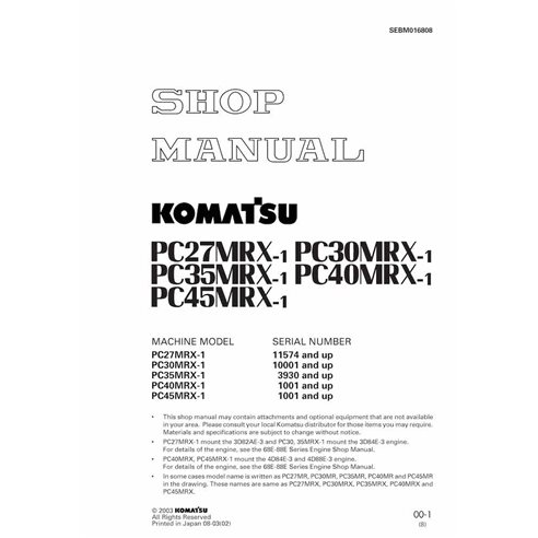 Manual de loja em pdf da miniescavadeira Komatsu PC27MRX-1, PC30MRX-1, PC35MRX-1, PC40MRX-1, PC45MRX-1 - Komatsu manuais - KO...