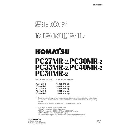 Komatsu PC27MR-2, PC30MR-2, PC35MR-2, PC40MR-2, PC50MR-2 midi excavator pdf shop manual  - Komatsu manuals - KOMATSU-SEBM032411