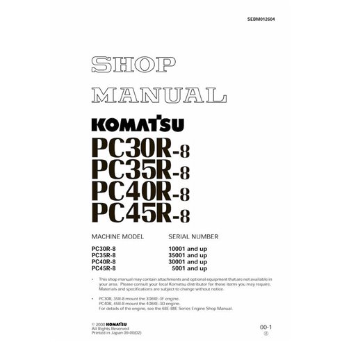 Komatsu PC30R-8, PC35R-8, PC40R-8, PC45R-8 midi excavator pdf shop manual  - Komatsu manuals - KOMATSU-SEBD012604