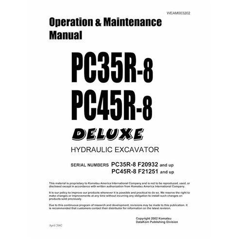 Manuel d'utilisation et d'entretien pdf de la midi-pelle Komatsu PC35R-8, PC45R-8 - Komatsu manuels - KOMATSU-WEAD003202