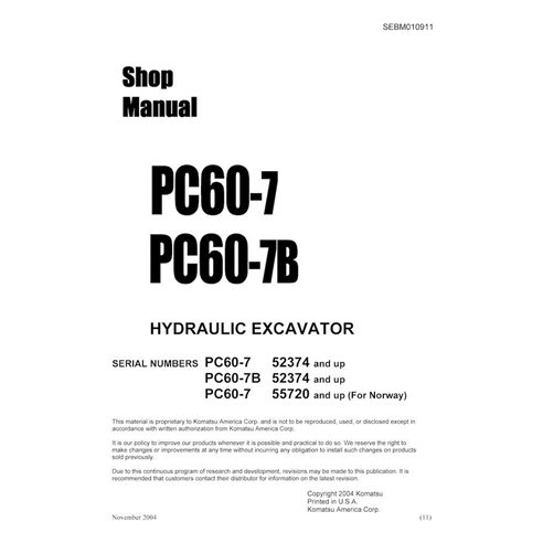 Komatsu PC60-7, PC60-7B midi excavator pdf shop manual  - Komatsu manuals - KOMATSU-SEBD010911