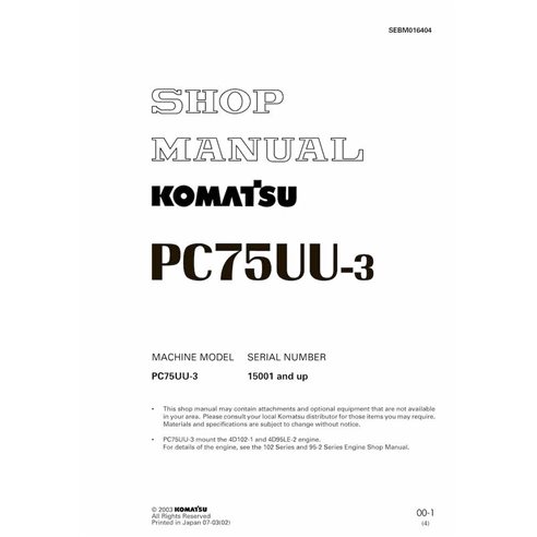 Manuel d'atelier pdf de la pelle midi Komatsu PC75UU-3 - Komatsu manuels - KOMATSU-SEBM016404