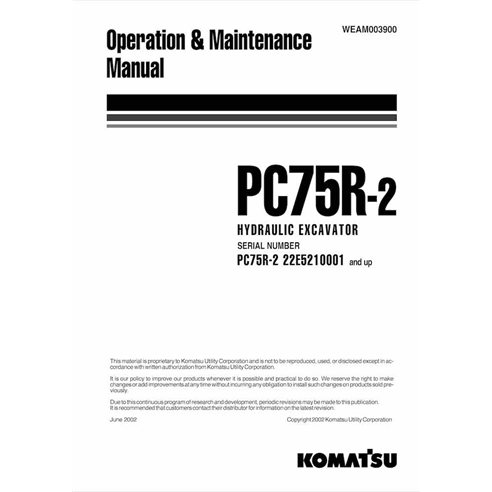 Manuel d'utilisation et d'entretien pdf de la midi-pelle Komatsu PC75R-2 - Komatsu manuels - KOMATSU-WEAD003900