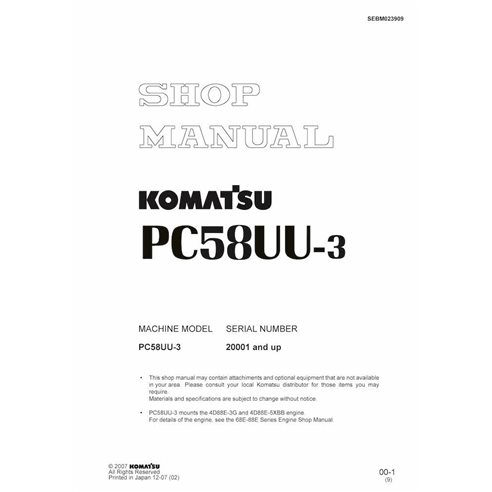 Komatsu PC58UU-3 midi excavator pdf shop manual  - Komatsu manuals - KOMATSU-SEBM023909