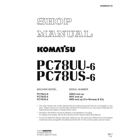 Manuel d'atelier pdf de l'excavatrice Komatsu PC78UU-6, PC78US-6 - Komatsu manuels - KOMATSU-SEBM025118