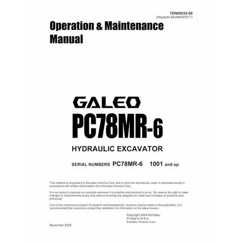 Manual de operação e manutenção em pdf da escavadeira Komatsu PC78MR-6 - Komatsu manuais - KOMATSU-TEN00032-00