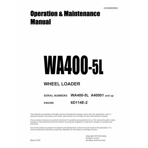 Manuel d'utilisation et d'entretien pdf de la chargeuse sur pneus Komatsu WA400-5L - Komatsu manuels - KOMATSU-CEAM009602