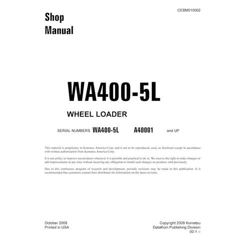 Manuel d'atelier pdf de la chargeuse sur pneus Komatsu WA400-5L - Komatsu manuels - KOMATSU-CEBM010002