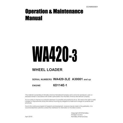 Manuel d'utilisation et d'entretien pdf de la chargeuse sur pneus Komatsu WA420-3 - Komatsu manuels - KOMATSU-CEAM000601