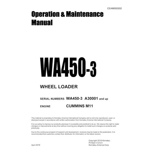 Manuel d'utilisation et d'entretien pdf de la chargeuse sur pneus Komatsu WA450-3 - Komatsu manuels - KOMATSU-CEAM000202