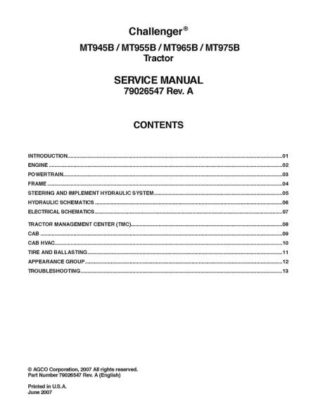CHAL-79026547 Challenger MT945B, MT955B, MT965B, MT975B tractor service manual