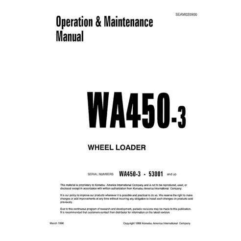 Manuel d'utilisation et d'entretien pdf de la chargeuse sur pneus Komatsu WA450-3 - Komatsu manuels - KOMATSU-SEAD020900