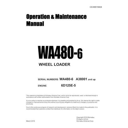 Manuel d'utilisation et d'entretien pdf de la chargeuse sur pneus Komatsu WA480-6 - Komatsu manuels - KOMATSU-CEAM018404