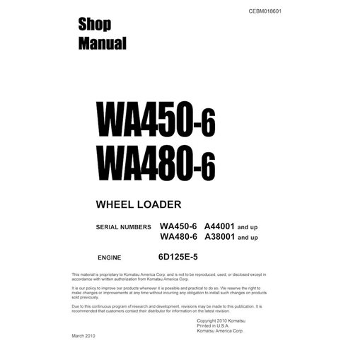 Manuel d'atelier pdf des chargeuses sur pneus Komatsu WA450-6, WA480-6 - Komatsu manuels - KOMATSU-CEBM018601