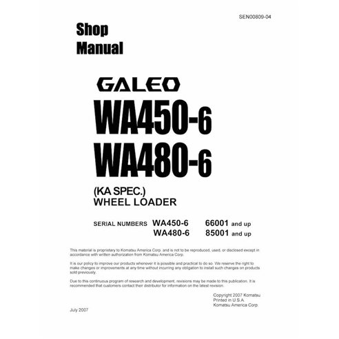 Komatsu WA450-6, WA480-6 cargadora de ruedas pdf manual de taller - Komatsu manuales - KOMATSU-SEN00809-04D