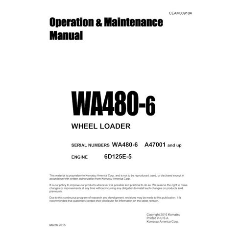Manuel d'utilisation et d'entretien pdf de la chargeuse sur pneus Komatsu WA480-6 - Komatsu manuels - KOMATSU-CEAM009104