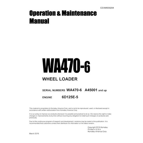 Manuel d'utilisation et d'entretien pdf de la chargeuse sur pneus Komatsu WA470-6 - Komatsu manuels - KOMATSU-CEAM009204