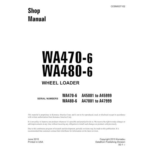 Manuel d'atelier pdf des chargeuses sur pneus Komatsu WA470-6, WA480-6 - Komatsu manuels - KOMATSU-CEBM007102