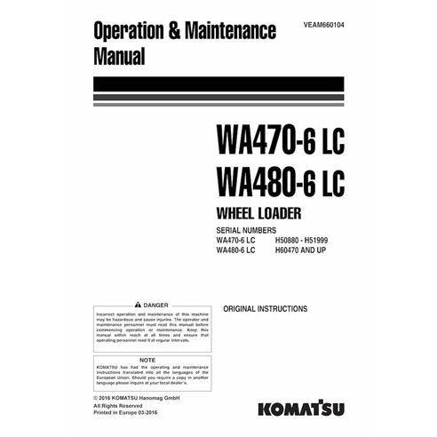 Manuel d'utilisation et d'entretien pdf des chargeuses sur pneus Komatsu WA470-6LC, WA480-6LC - Komatsu manuels - KOMATSU-VEA...