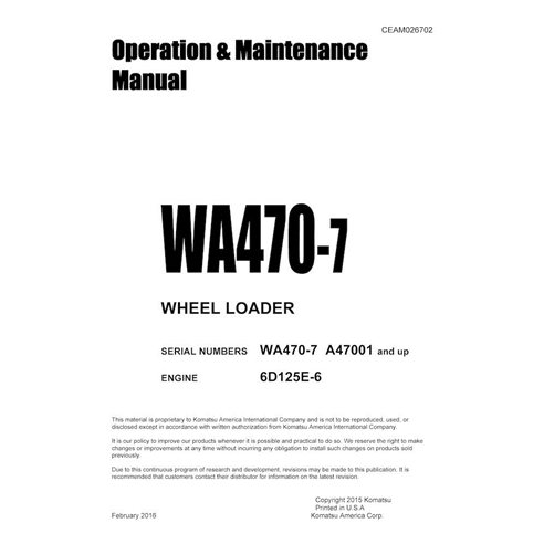 Manuel d'utilisation et d'entretien pdf de la chargeuse sur pneus Komatsu WA470-7 - Komatsu manuels - KOMATSU-CEAM026702