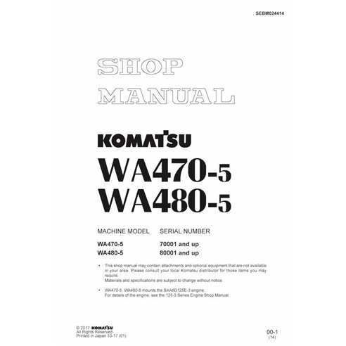 Manuel d'atelier pdf des chargeuses sur pneus Komatsu WA470-5, WA480-5 - Komatsu manuels - KOMATSU-SEBM024414