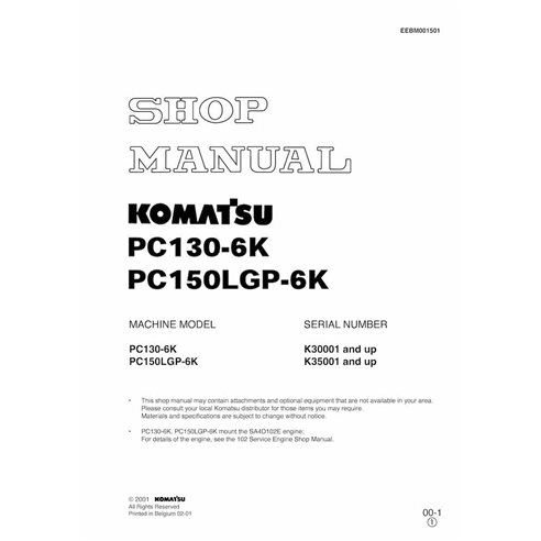 Manuel d'atelier pdf de l'excavatrice Komatsu PC130-6K, PC150LGP-6K - Komatsu manuels - KOMATSU-EEBM001501