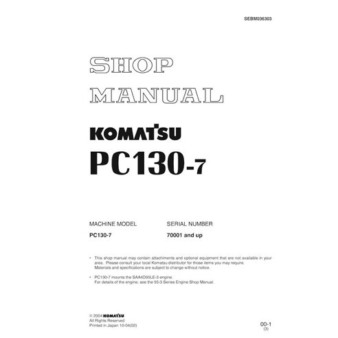 Manuel d'atelier pdf de l'excavatrice Komatsu PC130-7 - Komatsu manuels - KOMATSU-SEBM036303