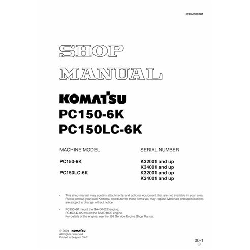 Manuel d'atelier pdf de l'excavatrice Komatsu PC150-6K, PC150LC-6K - Komatsu manuels - KOMATSU-UEBD000701