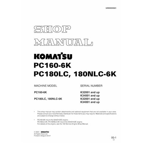 Manuel d'atelier pdf de l'excavatrice Komatsu PC160-6K, PC150LC-6K, PC180NLC-6K - Komatsu manuels - KOMATSU-UEBD000601