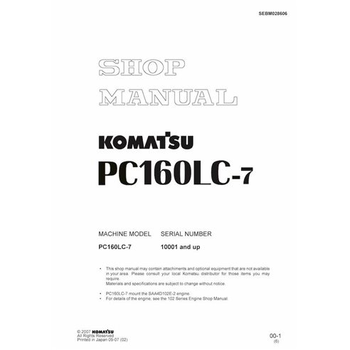 Komatsu PC160LC-7 excavator pdf shop manual  - Komatsu manuals - KOMATSU-SEBM028606