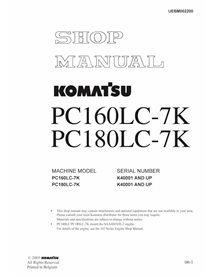 Manual de loja em pdf da escavadeira Komatsu PC160LC-7K, PC180LC-7K - Komatsu manuais - KOMATSU-UEBM002200