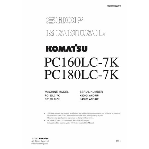 Komatsu PC160LC-7K, PC180LC-7K excavator pdf shop manual  - Komatsu manuals - KOMATSU-UEBM002200