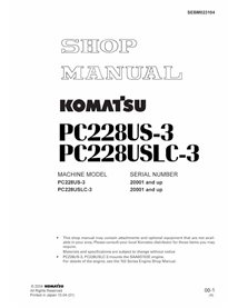 Komatsu PC228US-3, PC228USLC-3 excavator pdf shop manual  - Komatsu manuals - KOMATSU-SEBM023104