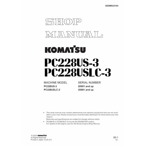 Komatsu PC228US-3, PC228USLC-3 excavator pdf shop manual  - Komatsu manuals - KOMATSU-SEBM023104