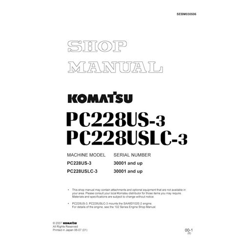 Manuel d'atelier pdf de l'excavatrice Komatsu PC228US-3, PC228USLC-3 - Komatsu manuels - KOMATSU-SEBM030506