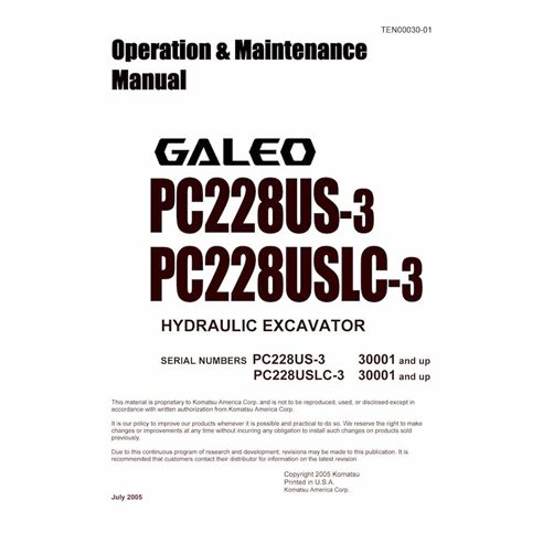 Manual de operação e manutenção em pdf da escavadeira Komatsu PC228US-3, PC228USLC-3 - Komatsu manuais - KOMATSU-TEN00030-01D