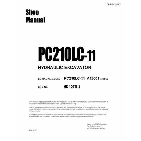 Manual de loja em pdf da escavadeira Komatsu PC210LC-11 - Komatsu manuais - KOMATSU-CEBM029400