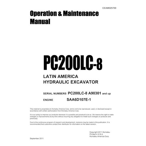 Manuel d'utilisation et d'entretien pdf de la pelle Komatsu PC210LC-8 - Komatsu manuels - KOMATSU-CEAM025700