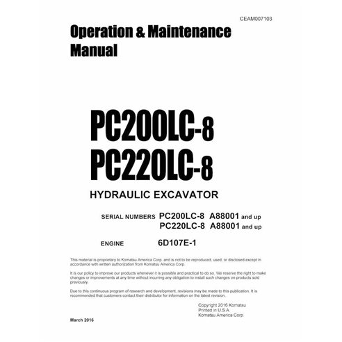 Manuel d'utilisation et d'entretien pdf de l'excavatrice Komatsu PC210LC-8, PC220LC-8 - Komatsu manuels - KOMATSU-CEAM007103